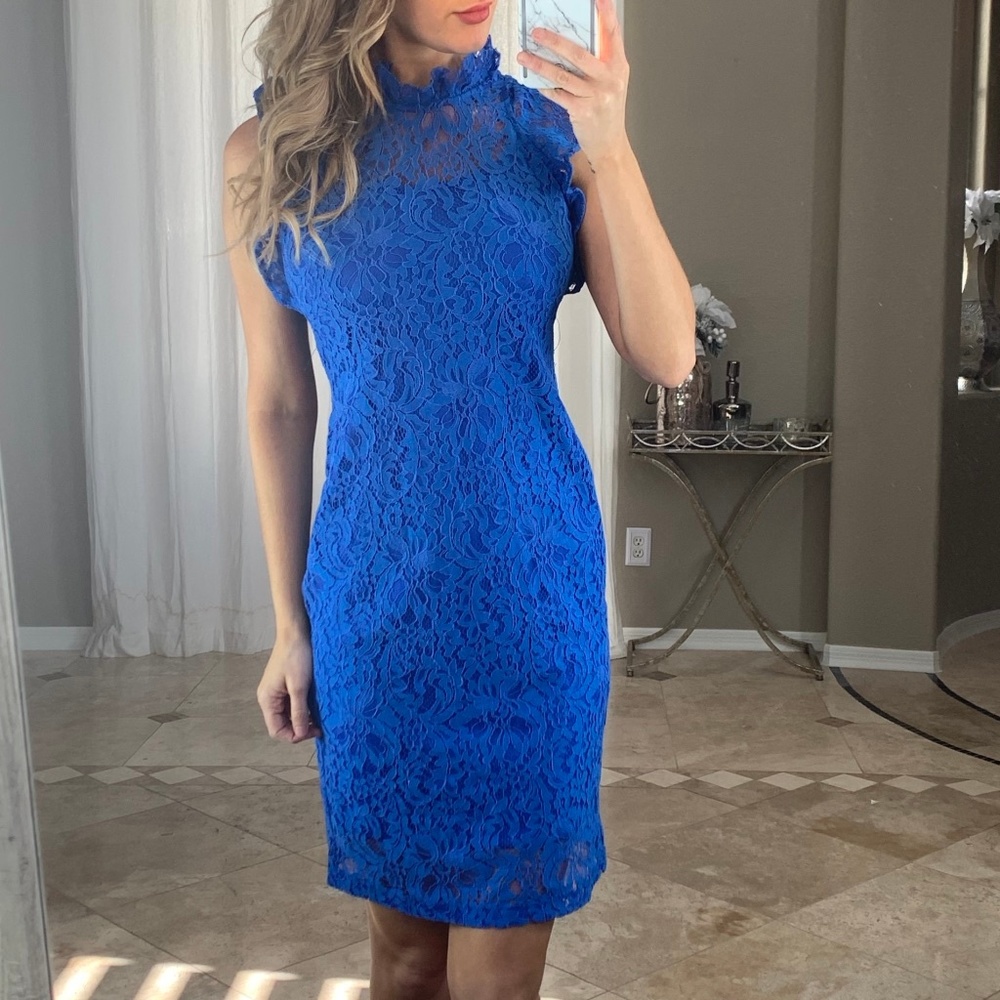 Alexia Admor Blue Lace Ruffle Jewel Sheath Dress
